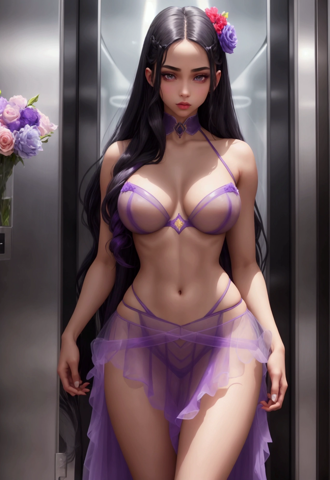 young girls 3 eyes blue yellow lips light skin long hair flowers dark eyes tall body athletic thin waist big breasts big buttocks long skirt lilac purple red with transparent tulle in an elevator