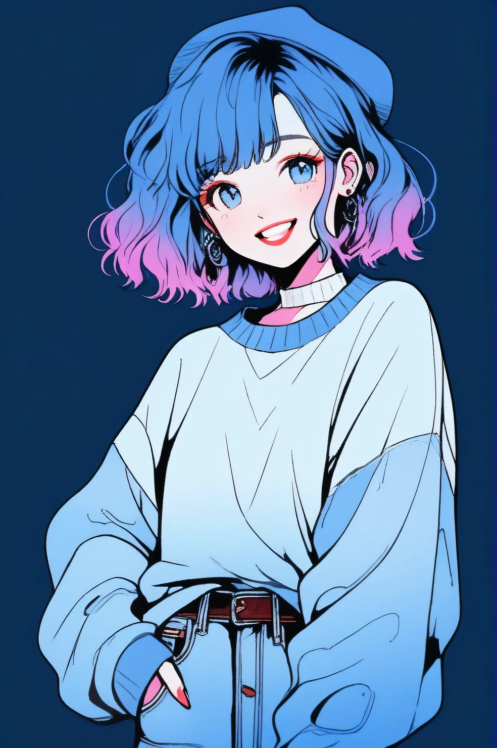 (Highest quality, sketch:1.2),Realistic,Illustrator,anime,1 girl, Detailed lips, sweater, custom, Blue gradient background, Neon Hair, Blue Hair, Medium Wavy Hair, Blunt bangs, Friendly, Cute Smile, A kind smile, Texture Clipping, masterpiece, style: Retro Classic, Dark Black、whole body、Cowboy Shot, ((From head to toe：1.7))