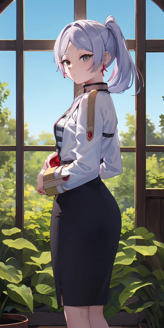 1 girl,
break (business suit, pinstripe pattern, collar shirt, pencil skirt:1.2),
break standing in a large alcove in the room , standing in front of a window ,arms behind the back,
break ball gown, In the garden of trees, Wedding decorations,
break ((Maximum quality, 8k, work of art: 1.3, ultra HD, high qualiy, best qualityer, High definition, 真实感)), sharp focus: 1.5, Beautiful woman with slim body, (perfect hands, Perfect Anatomia),