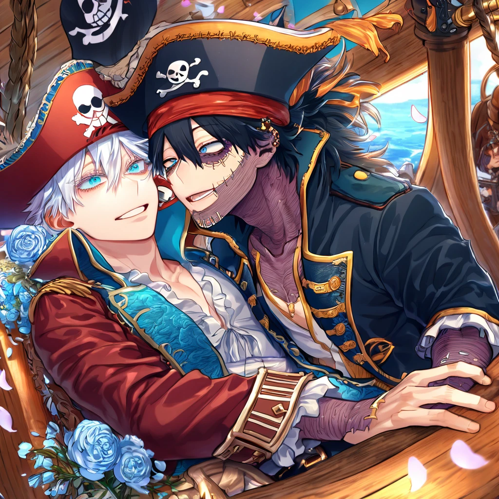 absurdres, highres, ultra detailed, HDR, master piece, best quality, extremely detailed face, delicated features, Dabi, black hair, expressive turquoise eyes, Boku No Hero Academia, Gojou Satoru, white hair, expressive blue eyes, white eyelashes, two sexy men together, yaoi, gay couple, handsome, pirate clothes, pirate hat, pirates, accessories, fantasy, magical, inside a pirate ship, petals, flowers