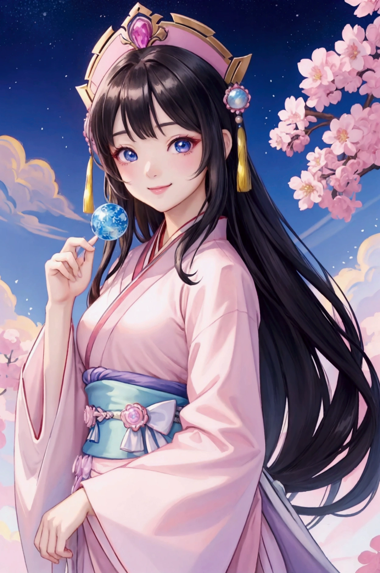 (Highest quality、 8k 、masterpiece、High resolution)、(Chinese Drama、Changgexing、Li Changge、Dililaba)、Tang Dynasty、Changan、1 Female、Beautiful young person、blue eyes、Pretty lips、Hairpin、gem、decoration、(Noble Princess)、(Anime Beauty)、(Anime Art)、Smiling and posing happily、Bright atmosphere、Light colored long hair、Light pink Hanfu、古いChanganの街並み、Official Art、Detailed CG、