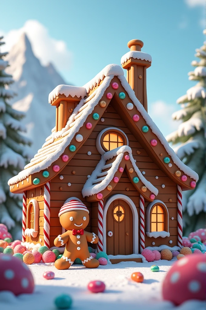 I would like a gingerbread house with candies, waffer roof, a ginderbread man, snow, columns made of candies, Victorian, Alpes house More complex