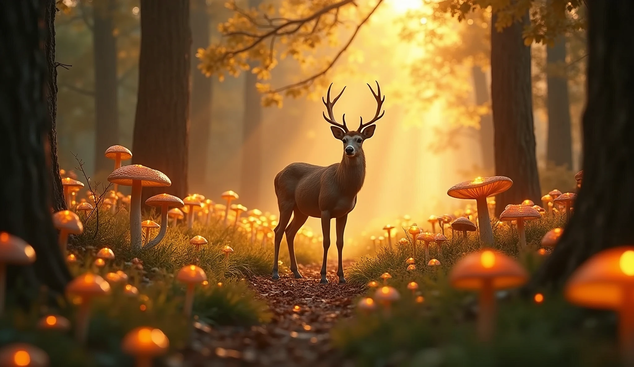 golden an enchanted forest,Magical creatures,glowing mushrooms,sparkling waterfalls,fantasy,Leonora Carrington,a fantasy forest,Hazy perspective,sunlight filtering through the trees,Glowing sika deer,32K UHD
