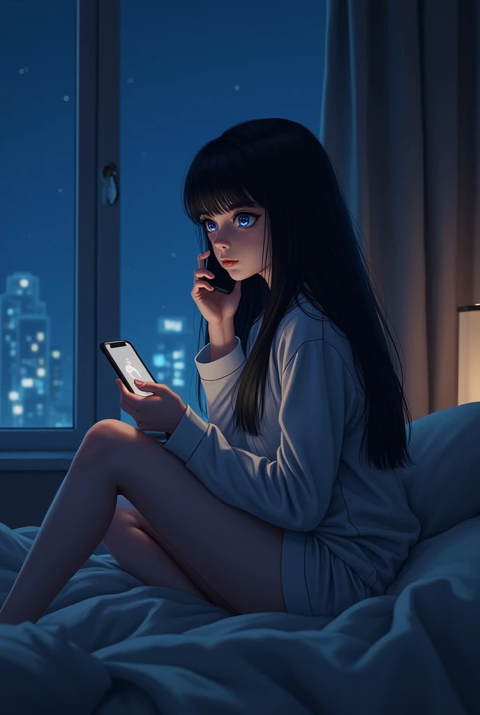  young adult, with long black hair, blue colored eyes, in pajamas sitting on the bed at night talking on the cell phone