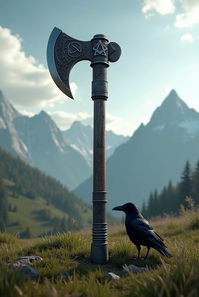 Realistic image 4k ultra HD axe name Rafael stuck number 7 field, moutain, clouds, Masonic symbol, crow