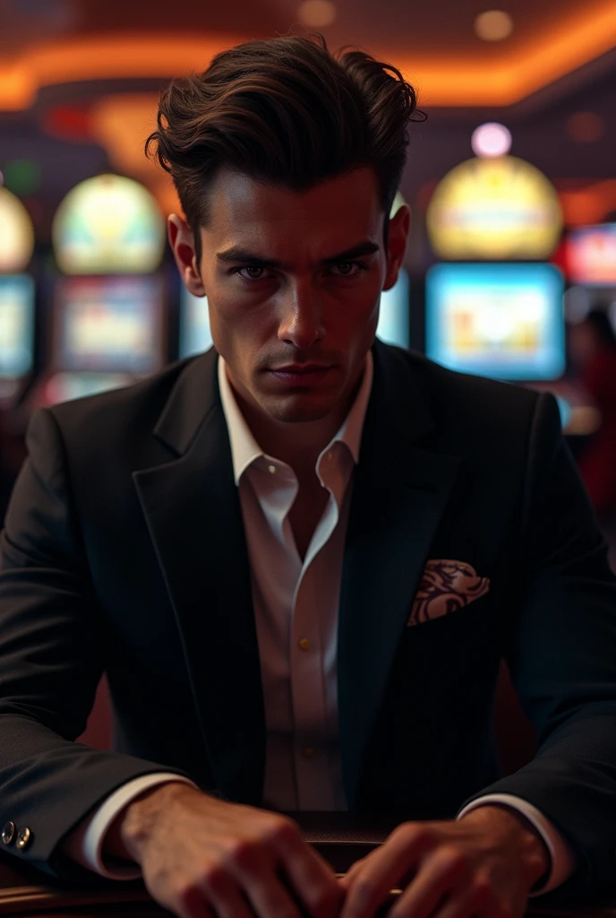 A young man of 30 years old with a serious, slightly malevolent look that shows power, sitting in a dark casino