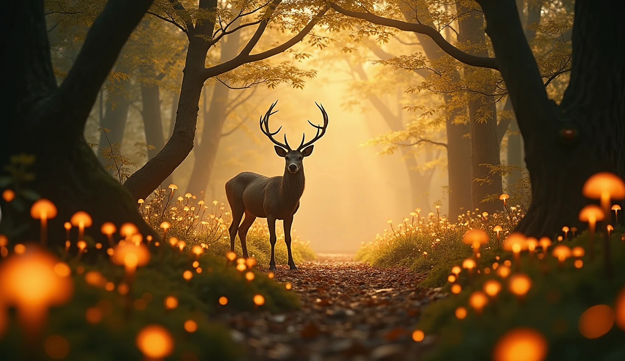 golden an enchanted forest,Magical creatures,glowing mushrooms,sparkling waterfalls,fantasy,Leonora Carrington,a fantasy forest,Hazy perspective,sunlight filtering through the trees,Glowing sika deer,32K UHD
