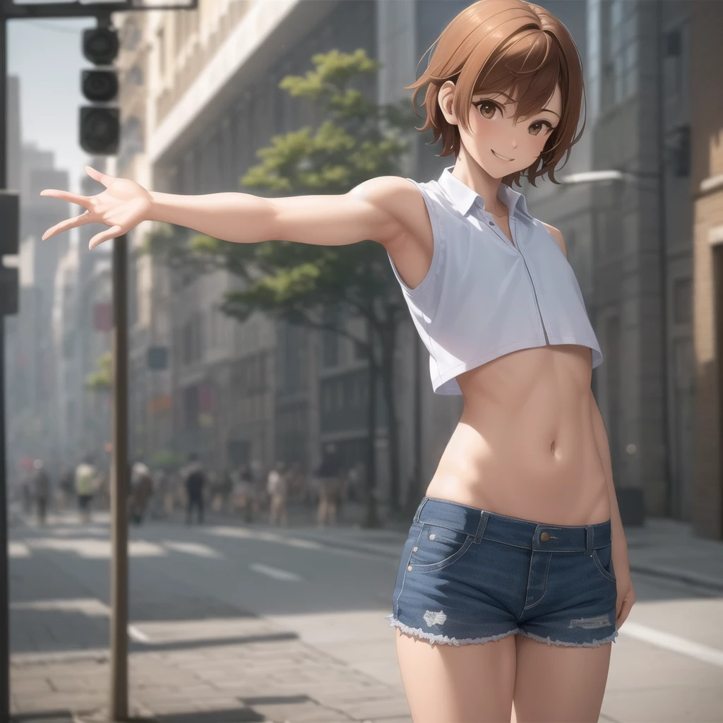 ((Middle chest, Tomboy, Small head)), sunlight, Sunlight, (Perfect body: 1.1), (Short Wavy Hair: 1.2), Auburn hair, full-body shot, Crowded streets, Wearing a white vest, ((shorts)), (Extremely detailed CG 8k wallpaper), (Extremely refined), (masterpiece), (best quality: 1.0), (ultra-high resolution: 1.0), Beautiful Lights, Perfect Lightning, Realistic shadows, [high resolution], Delicate skin, Extremely detailed, Charming smile