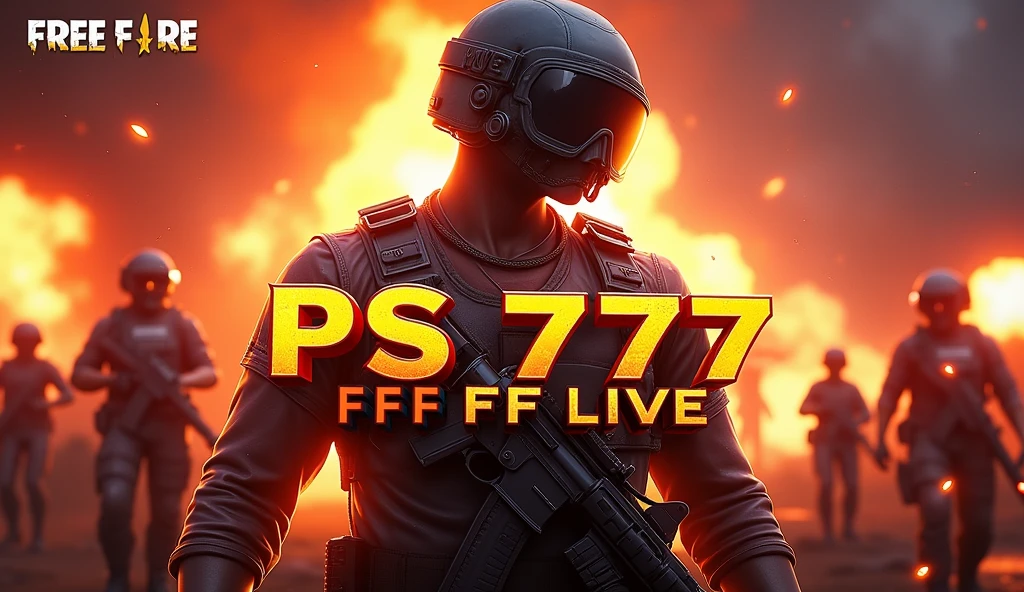 "Create a high-energy YouTube thumbnail for a live stream titled 'PS 777 FF LIVE'. The design should feature bold, eye-catching text that includes 'PS 777 FF LIVE' and 'TELUGU'. Use vibrant colors like red, orange, and yellow to convey excitement. Include gaming elements like fire, explosions, or intense action scenes in the background, with a focus on Free Fire gameplay. Make sure the text stands out clearly, and the overall design should attract viewers quickly."