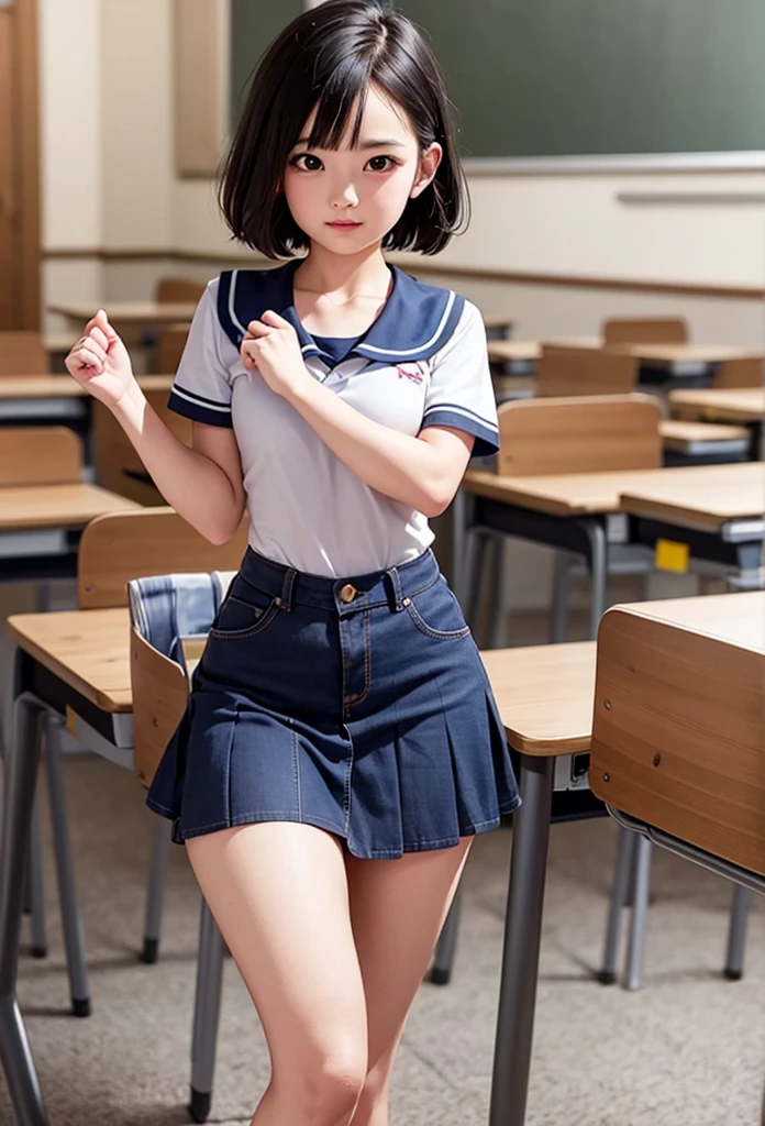 Masterpiece,Solo,One Girl,Pan,(Dragon Ball GT),Perfect Body,Ultra High Quality,Ultra High Resolution,Ultra Detailed,Photograph 8K,Theme School Girl,School Girl Short Sleeve Suit,Short Skirt,Beautiful,Beautiful Girl,Short Hair,Classroom Background 