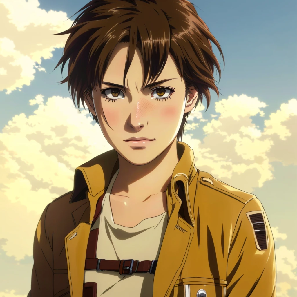 An anime character with brown hair and a brown jacket is standing in front of a cloud, portrait of Ellen Yeager, Ellen Yeager, Ellen Yeager, from Attack on Titan, Attack on Titan anime style, shingeki no kyojin, in Attack on Titan, (Attack on Titans anime), Attack on Titans, Attack on Titan, Attack on Titan covert art