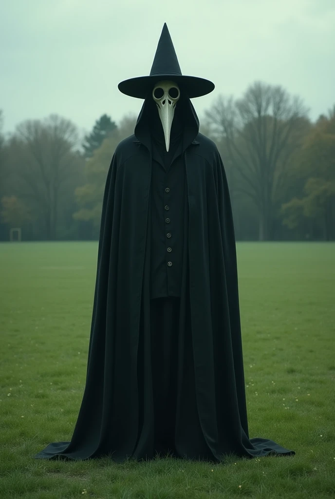 Black Plague doctor mask on football field