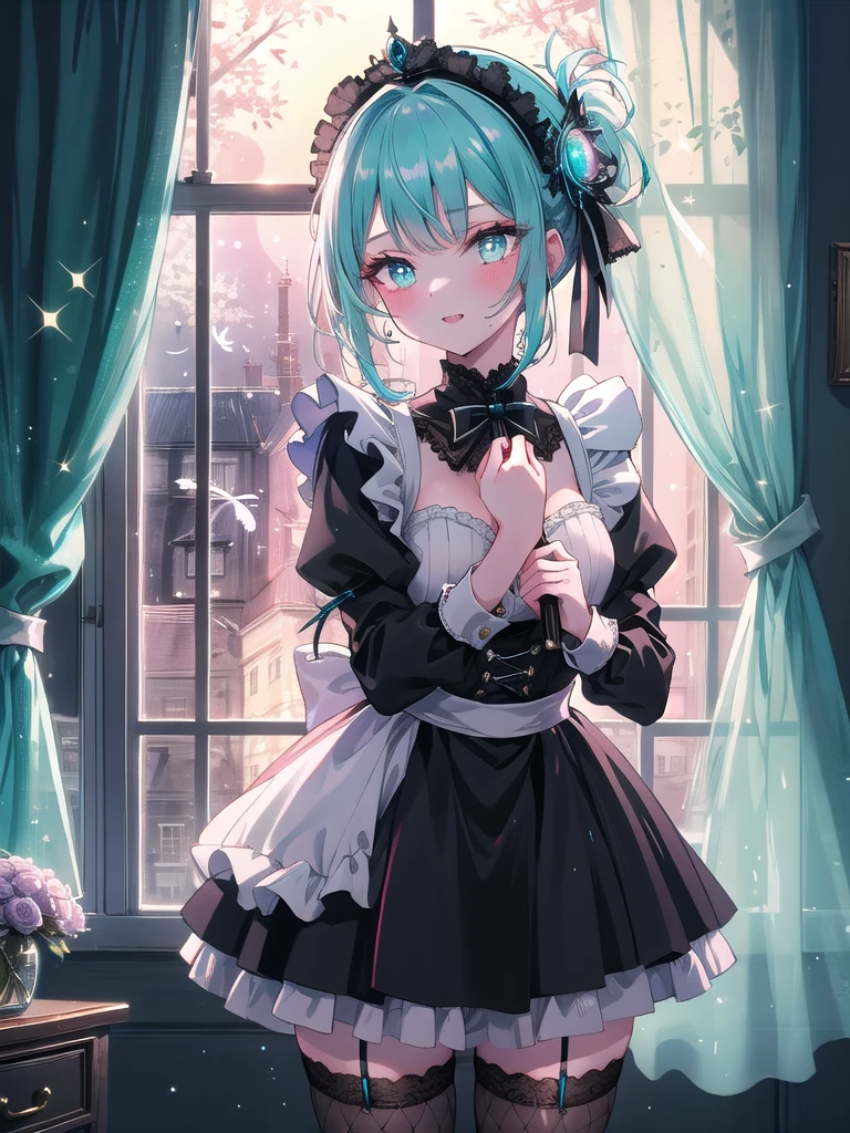 ((8k, Highest quality, masterpiece: 1.3)),Ultra-high resolution,(1 girl, alone), (Color changing eyes, Ultra-detailed, Expressive brilliance, Glitter, Glowing Eyes), Highly detailed eyes, Highly detailed face, Random Hair, ((pastel colour)),A mischievous young woman with pastel teal hair styled into a high ponytail, standing by her window in her dimly lit bedroom during the early hours of the night. She is dressed in a naughty maid cosplay, wearing a short black dress with white lace accents, a matching headpiece, and fishnet stockings. The camera captures her from a frontal angle as she holds a feather duster playfully in one hand, her expression cheeky and alluring. The room is softly lit by the moonlight filtering through the curtains, with a polished dresser and a few scattered cleaning supplies adding to the playful yet seductive atmosphere.(nsfw:1.3)