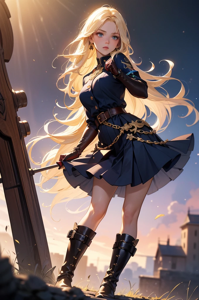 20-year-old girl, long blonde hair, blue eyes, angry expression, long dark blue skirt with gold embroidery at the hem, old-fashioned blue blouse with long fitted sleeves, adorned with red details, red leather gloves that reach her elbows, dark brown leather boots that reach mid-calf, leather belt adorned with a golden buckle and red details, her weapon is a huge greatsword with a gold and red decorated handle, hanging on her back in an ornate sheath, 8k, high quality, full body, (ultra-realistic), {extremely detailed 8k CG unit wallpaper}, expansive landscape photograph, (a view from below showing the grandeur of the character, wide open field view), (light: 2.0), (warm light source: 1.5), complex details, (iridescent colors: 1.5), (bright lighting), (atmospheric lighting), surreal, impressive, fantasy, (Solo: 1.2)