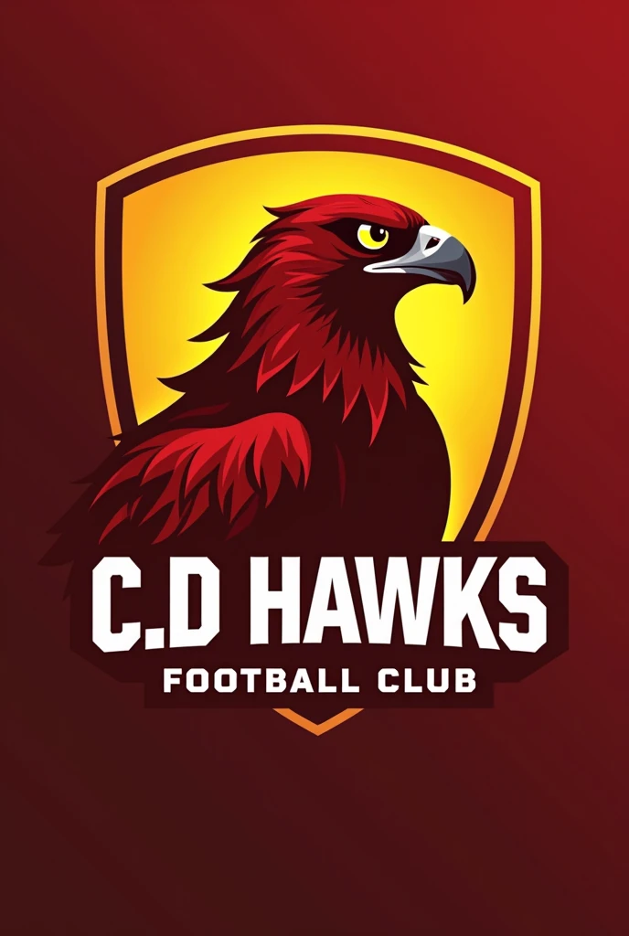 Create a football team logo for a club called C.D Hawks, where its characteristic colors are yellow and red. Another where only the falcon's head appears.
