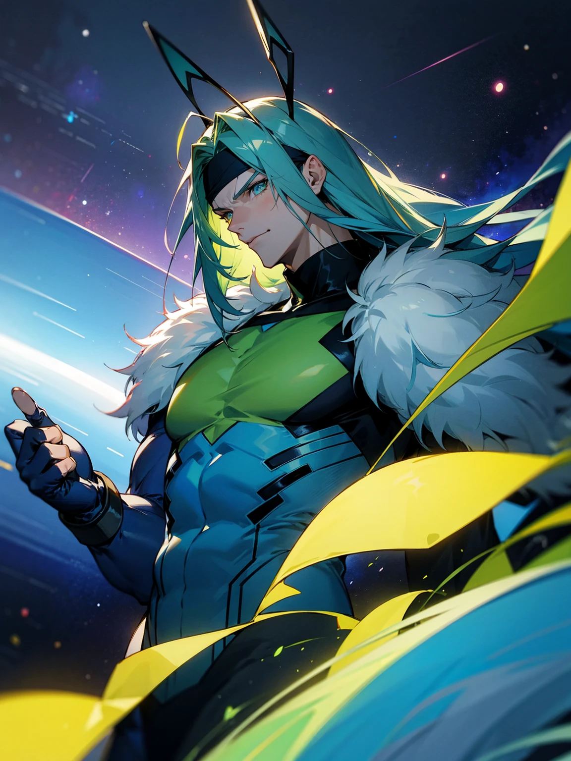 1male, green skin, antennae, long blue hair, headband, super suit, oversized fur coat, serious space, muscular