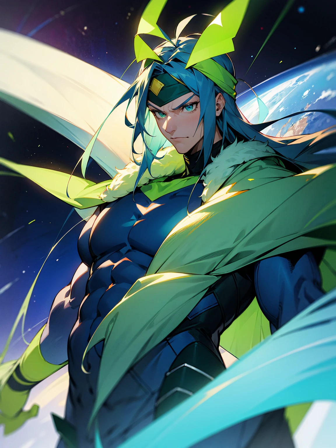 1male, green skin, antennae, long blue hair, headband, super suit, oversized fur coat, serious space, muscular