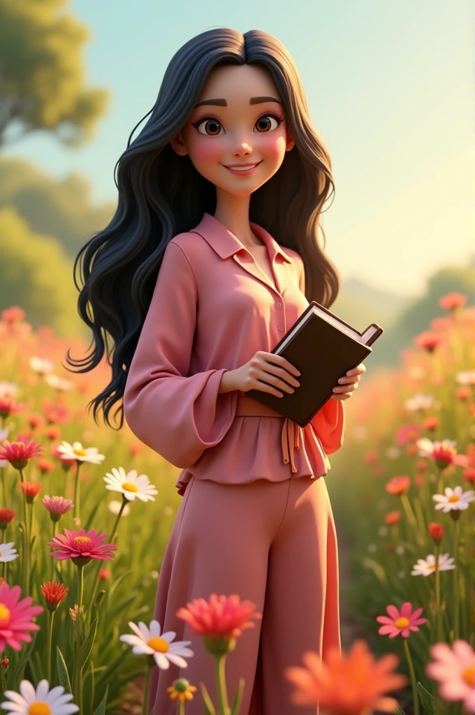 Create a Pixar poster-style character in 3D in 4K. The setting is a field full of flowers. The main character is tall, has long, wavy black hair and black eyes. She is standing with her eyes open, smiling and holding a Bible in her hands. She is wearing a dress, an elegant pink blouse and pants.