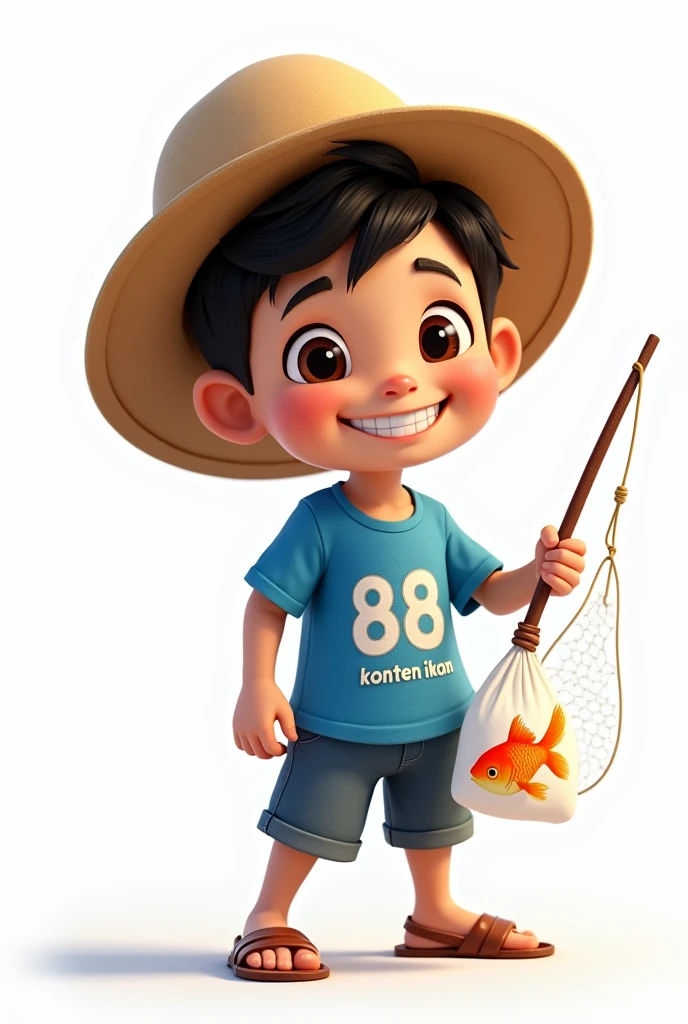 boy wearing straw hat and carrying one goldfish in plastic bag, smiling broadly and carrying
 net fish , wearing blue shirt with 88 written on it and "konten ikan" written on it, backgroud white