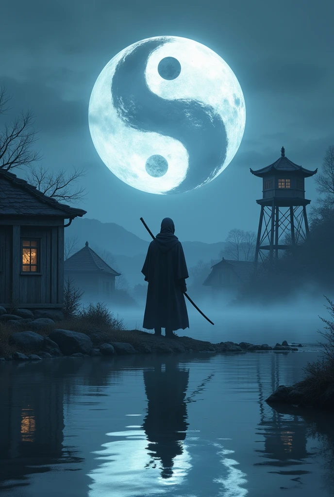 moon, buildings, tower, water tank, ninja, yin and yang, ultra hd, 8k, soul, spirit, epiCRealism
