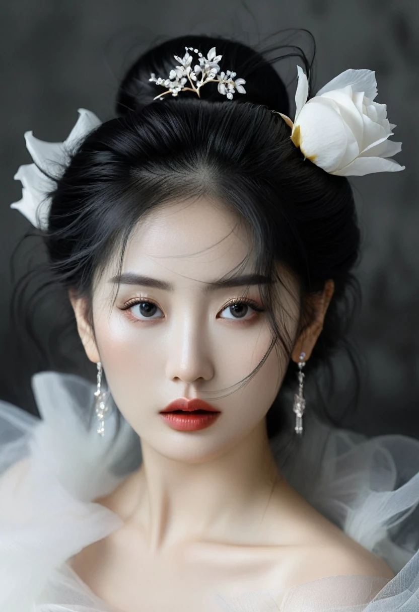 high quality, 8K Ultra HD, Surreal portrait of a stunning woman.
Photography,Hyperrealism,Horror,Chinese horror,Liao Zhai Aesthetics,Silent wind,Dark,Feeling deserted,Modern Chinese women,A withered rose,Expressing sadness through eyes,Tyndall light effect,Black-gray tones,Cool feeling,The moonlight is hazy,A fusion of modern and classical,Minimalist dark background,mystery,Hairpin,Long hair,Earrings,Transparent Tulle,有mystery感,Snow-white skin