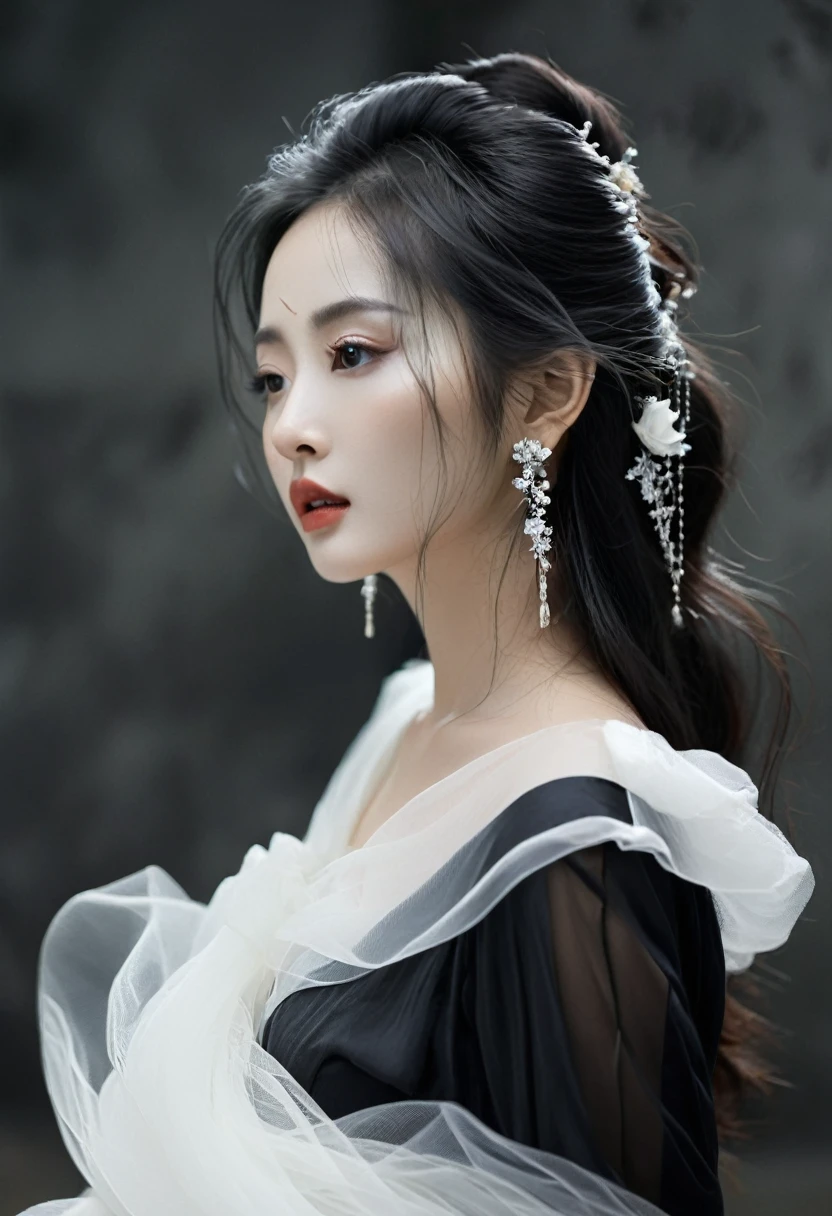 high quality, 8K Ultra HD, Surreal portrait of a stunning woman.
Photography，Hyperrealism，Horror，Chinese horror，Liao Zhai Aesthetics，Silent wind，Dark，Feeling deserted，Modern Chinese women，A withered rose，Expressing sadness through eyes，Tyndall light effect，Black-gray tones，Cool feeling，The moonlight is hazy，A fusion of modern and classical，Minimalist dark background，mystery，Hairpin，Long hair，Earrings，Transparent Tulle，有mystery感，Snow-white skin