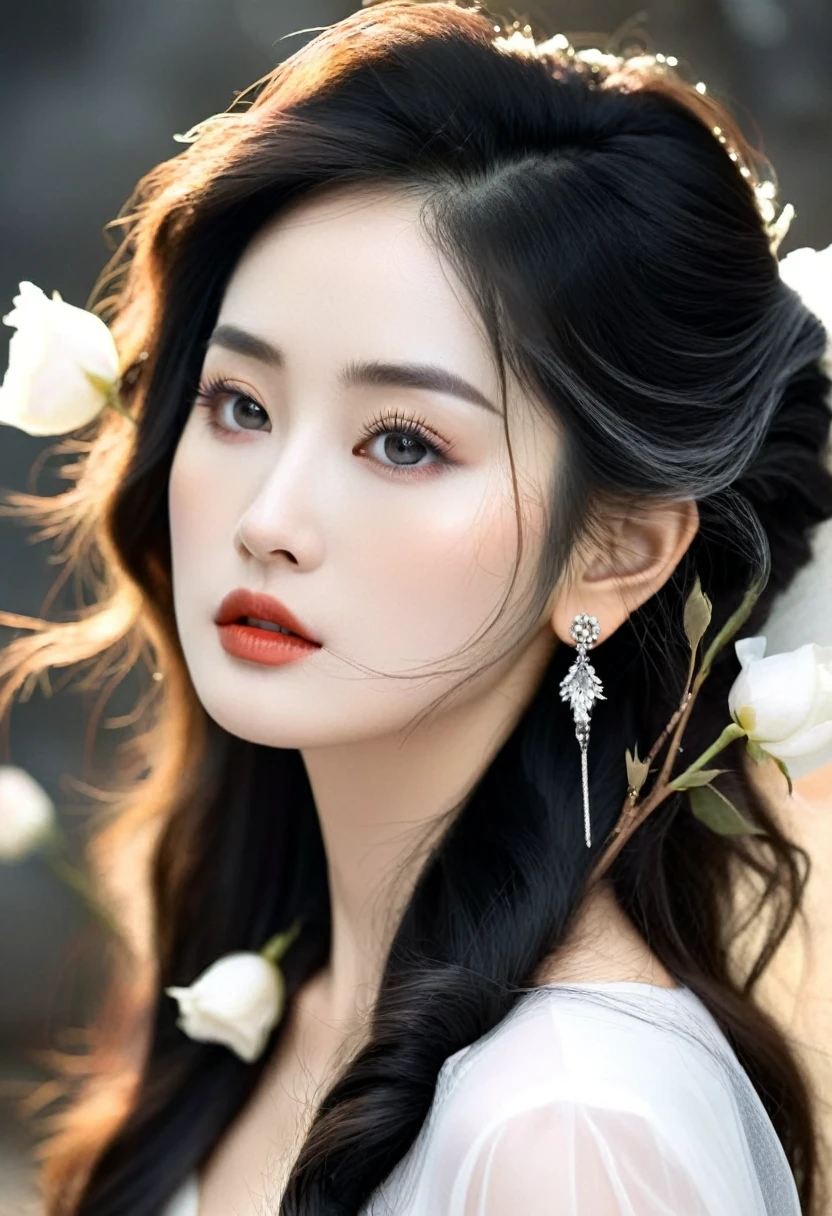 high quality, 8K Ultra HD, Surreal portrait of a stunning woman.
Photography,Hyperrealism,Horror,Chinese horror,Liao Zhai Aesthetics,Silent wind,Dark,Feeling deserted,Modern Chinese women,A withered rose,Expressing sadness through eyes,Tyndall light effect,Black-gray tones,Cool feeling,The moonlight is hazy,A fusion of modern and classical,Minimalist dark background,mystery,Hairpin,Long hair,Earrings,Transparent Tulle,有mystery感,Snow-white skin