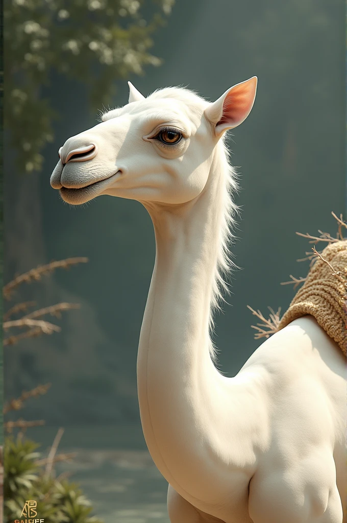 A white, unblemished, smooth-coated camel with smooth ribs, like a young camel, white with yellow, nourished by the water leopard, never permissible. She repels and reveals her flowing waters, and protects herself with a watchful eye from the wild beasts of the wild, with a neck like the neck of a gazelle, not obscene when she sets her gaze, nor is it neglected, and a branch that adorns. The back is jet black, thick and heavy like the trunk of a palm tree.