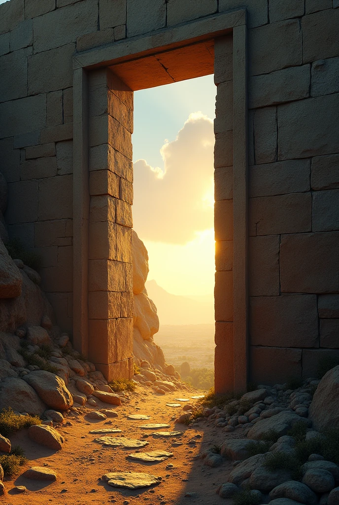 Create an image that refers to the narrow and wide gate that Jesus talks about in one of his parables. (Mateo 7:13-14)