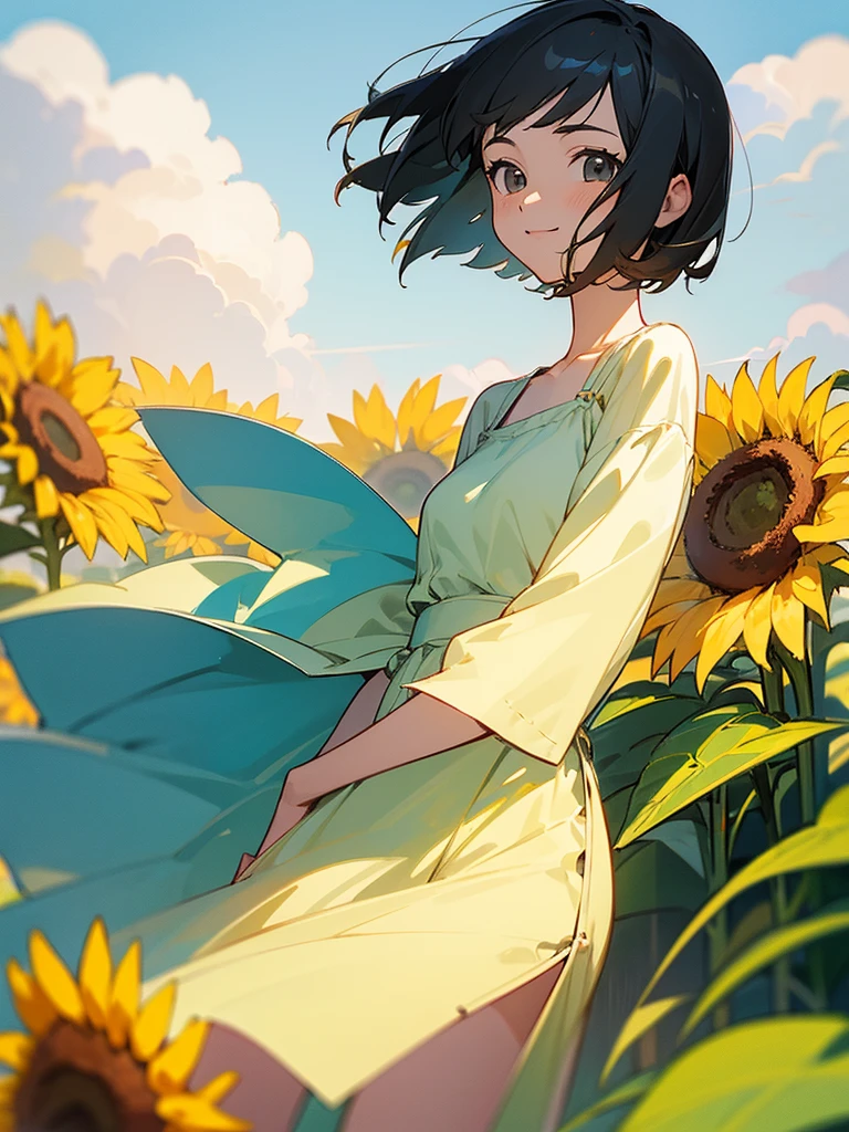  master piece, best quality, for below, cinematic angle, upper body , pigeon toed,  
Anime-style Moe illustration, summer vacation theme, 20-year-old woman, sunflower field, short hair, 
Picnic Maxi Dress, slightly inner thighs, smile, accurate drawing, Active pose, Active Angle, 