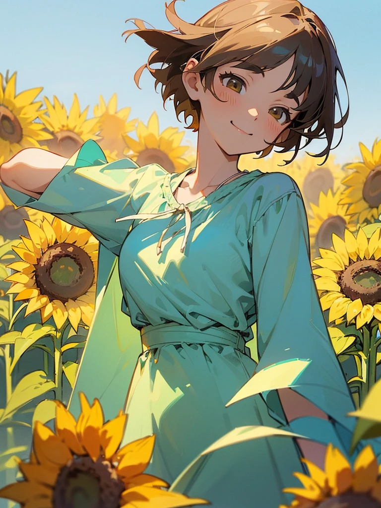 master piece, best quality, for below, cinematic angle, upper body , pigeon toed,  
Anime-style Moe illustration, summer vacation theme, 20-year-old woman, sunflower field, short hair, 
Picnic Maxi Dress, slightly inner thighs, smile, accurate drawing, Active pose, Active Angle, 