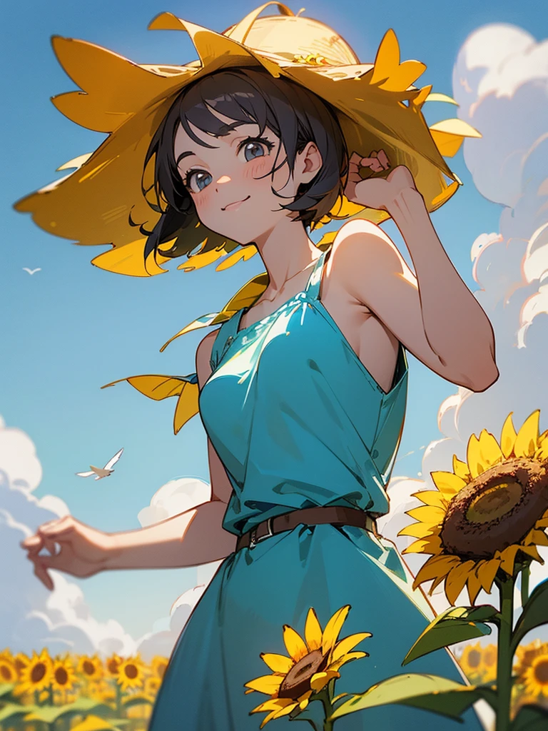 master piece, best quality, for below, cinematic angle, upper body , pigeon toed,
Anime-style Moe illustration, summer vacation theme, 20-year-old woman, sunflower field, short hair,
Picnic Maxi Dress, slightly inner thighs, smile, accurate drawing, Active pose, Active Angle,