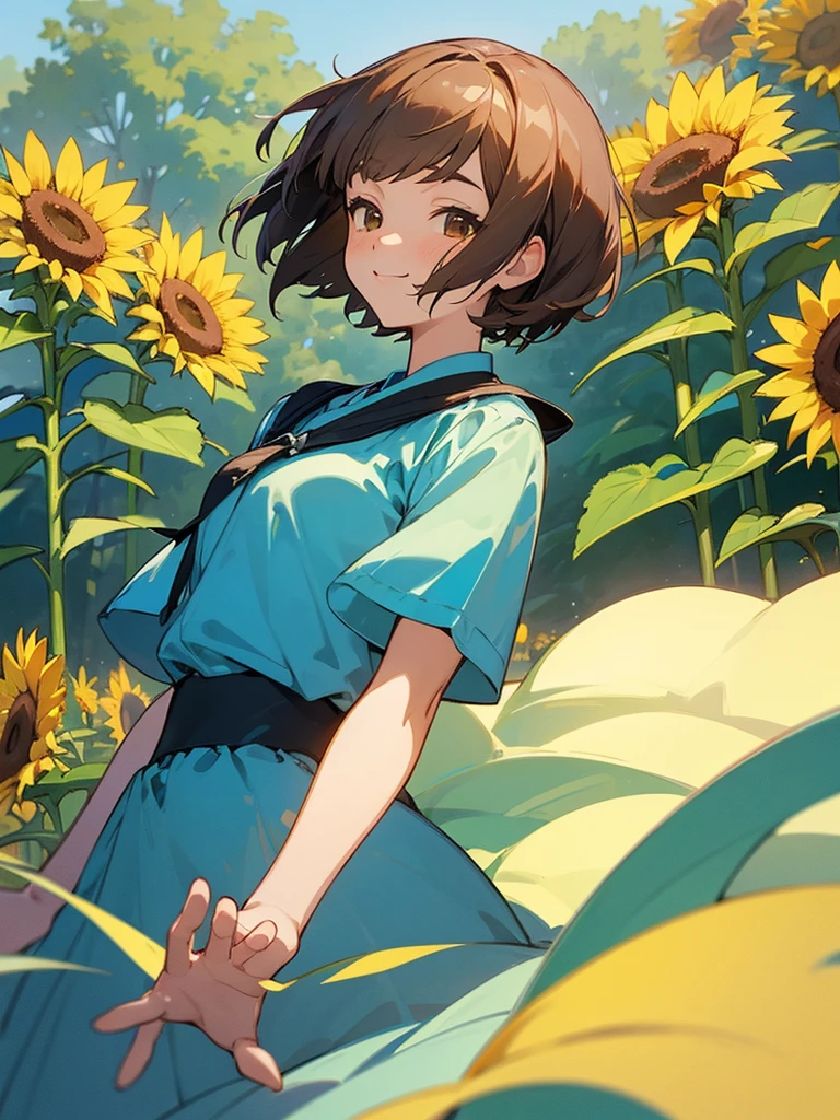  master piece, best quality, for below, cinematic angle, upper body , pigeon toed,  
Anime-style Moe illustration, summer vacation theme, 20-year-old woman, sunflower field, short hair, 
Picnic Maxi Dress, slightly inner thighs, smile, accurate drawing, Active pose, Active Angle, 