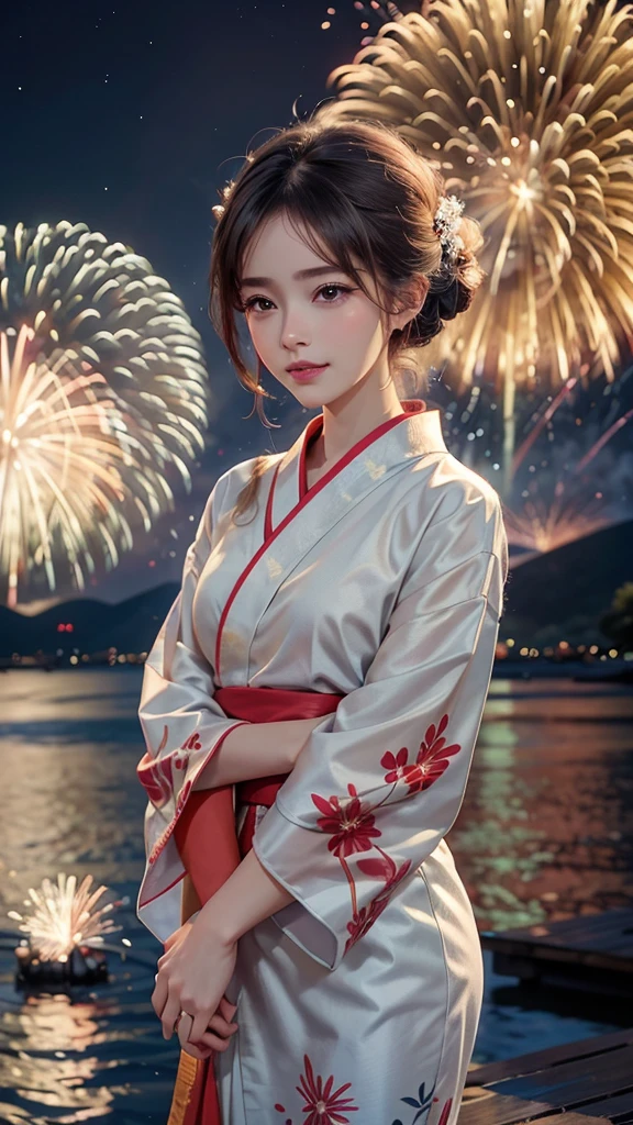 A realistic image of a girl watching a fireworks display at Miyajima, The girl is facing the camera, The sky is filled with colorful fireworks, Fireworks are reflected on the water's surface, The girl is wearing a traditional yukata, Her hair is styled in an elegant updo, The aspect ratio is 9:16, The scene captures the festive atmosphere, with vibrant fireworks lighting up the night sky over the water