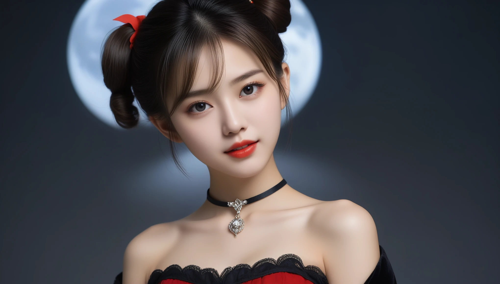8k, Ultra-high resolution, Highest quality, masterpiece, 三分割法によるphotograph,Surreal, photograph, 1 Girl, (:1.3), pretty girl, Cute Face, 細部までBeautiful Eyes, 細かくdetailedに,masterpiece,One Girl:1.2,Japanese female announcer,cowboy shot,grin,Black short hair,Messy bun hair,((vampire:1.4)),awe, Natural skin texture、(Medieval European Dress Clothing:1.4)、(Colorful costumes:1.4)、Attractive girl、16 years oldmale body:1.4)、(女の子のポートレートphotograph:1.4Photorealistic images:1.4),Fantasy art,(Beautiful Face:1.4),Beautiful and attractive eyes、Beautiful Eyes、(Tight waist:1.4)、(9 Beautiful girls with perfect body proportions:1.4),Red lips,(choker:1.4),Looking at the audience,(((Ideal body type))),A-cup small breasts :2,、Portraiture:2、Perfect Anatomy、鮮明なdetailed、detailed,Fashion magazine cover,Thin lips,Gray background ,完璧でBeautiful Face ,完璧でCute Face, Skin with attention to detail, Perfect limbs、Narrow waist,Looking at the audience,(((Ideal body type))),A cup small breasts :2,Portraiture:2,Perfect Anatomy,鮮明なdetailed,detailed,Surreal,Light and shadow,moonlight