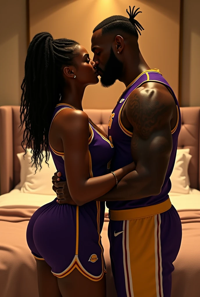 A women black skin young sexy lakers basketball tenue big ass and dominates kissing lebron james dreadlooks in the bed luxious allongée