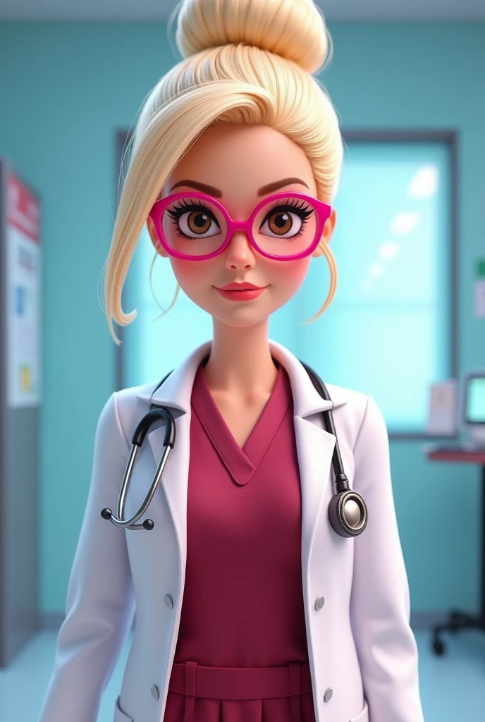 Barbie cartoon style, intimidating look, brown eyes ,round face ,female doctor with pearly blonde hair ,combed a bun with, White coat, a dark red medical pajama ,pink thin frame glasses ,