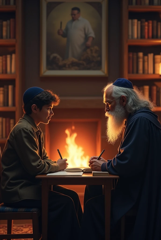 A young student and a rabbi in a room with a fireplace