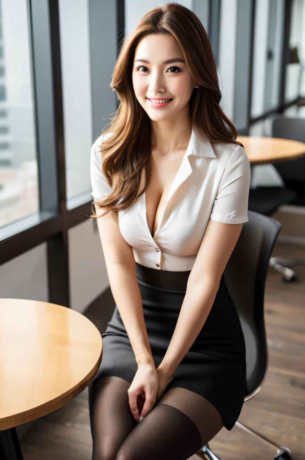 whole body, highest quality, Realistic, Very detailed, finely, High resolution, 8k wallpaper, One beautiful woman,, Light brown messy hair, Wear a business suit, Sharp focus, Perfect dynamic composition, Beautiful and detailed, Thinning hair, Detailed Realistic skin texture, smile, Close-up portrait, Model Body Type,Cleavage、length, Muscular, Beautiful legs、Beautiful feet、Super mini tight skirt、thin black pantyhose、I can see the toes of her high heels、Perfect Style、Sit on a chair、View from below、Healthy Thighs、tight ankles、