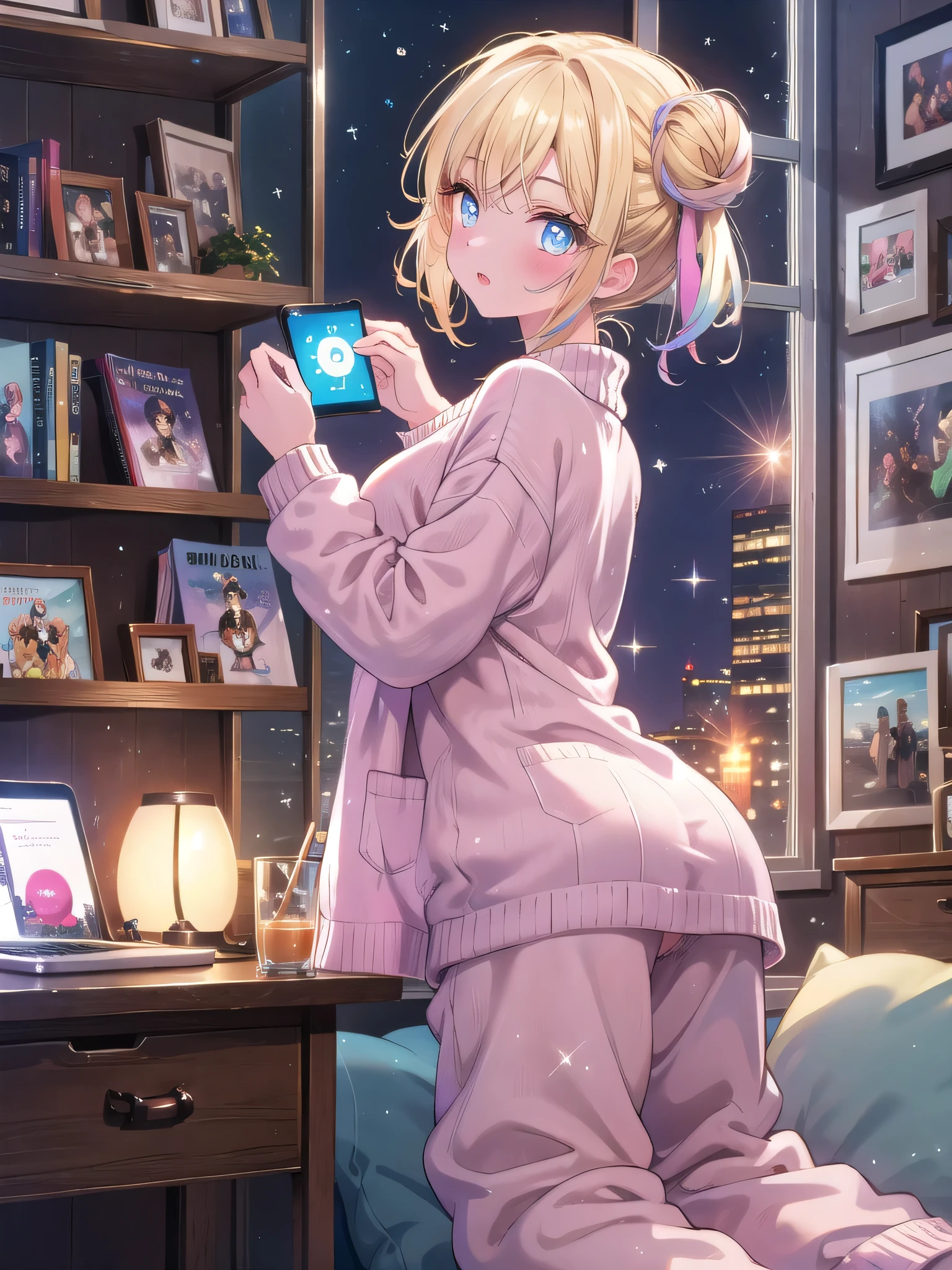 ((8k, Highest quality, masterpiece: 1.3)),Ultra-high resolution,(1 girl, alone), (Color changing eyes, Ultra-detailed, Expressive brilliance, Glitter, Glowing Eyes), Highly detailed eyes, Highly detailed face, Random Hair, ((pastel colour)),A relaxed young woman with pastel yellow hair styled into two buns, sitting at her desk in her room during the late evening. She is casually scrolling through a cosplay website on her laptop while enjoying a cup of hot chocolate. She is dressed in a cozy, oversized sweater and pajama pants, representing a casual “day off” cosplay. The camera captures her from a side angle as she leans back in her chair, her expression content and relaxed. Her room is warmly lit by a desk lamp, with posters of her favorite shows and movies on the walls, a bookshelf filled with cosplay magazines, and a few plush toys scattered around, creating a cozy, lived-in feel.(nsfw)