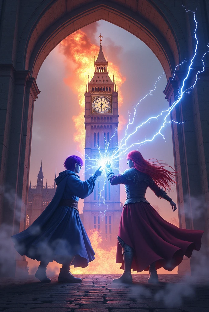 A wizard with short purple hair throwing lightning at a red-haired knight with long hair, they are under a bridge in a burning clock tower
