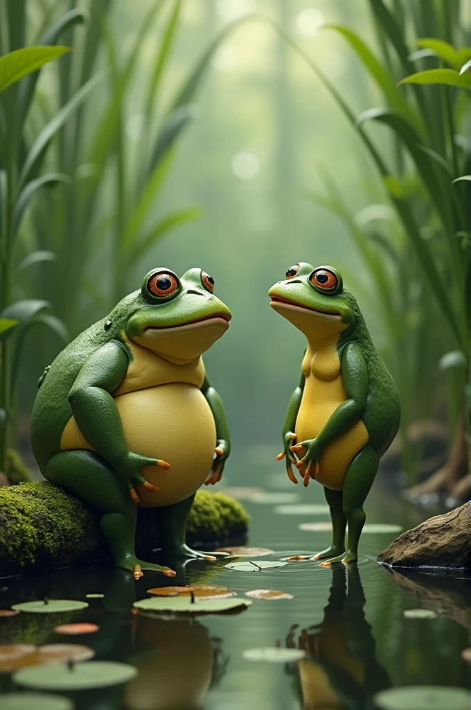 Sad fat frog and happy beautiful skinny frog, talking in the swamp