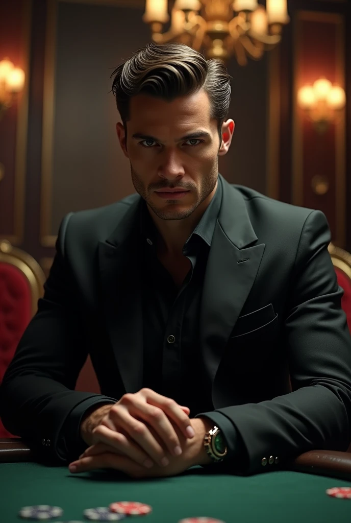 A young man of 30 years old with a serious, slightly malevolent look that shows power, sitting in a dark casino