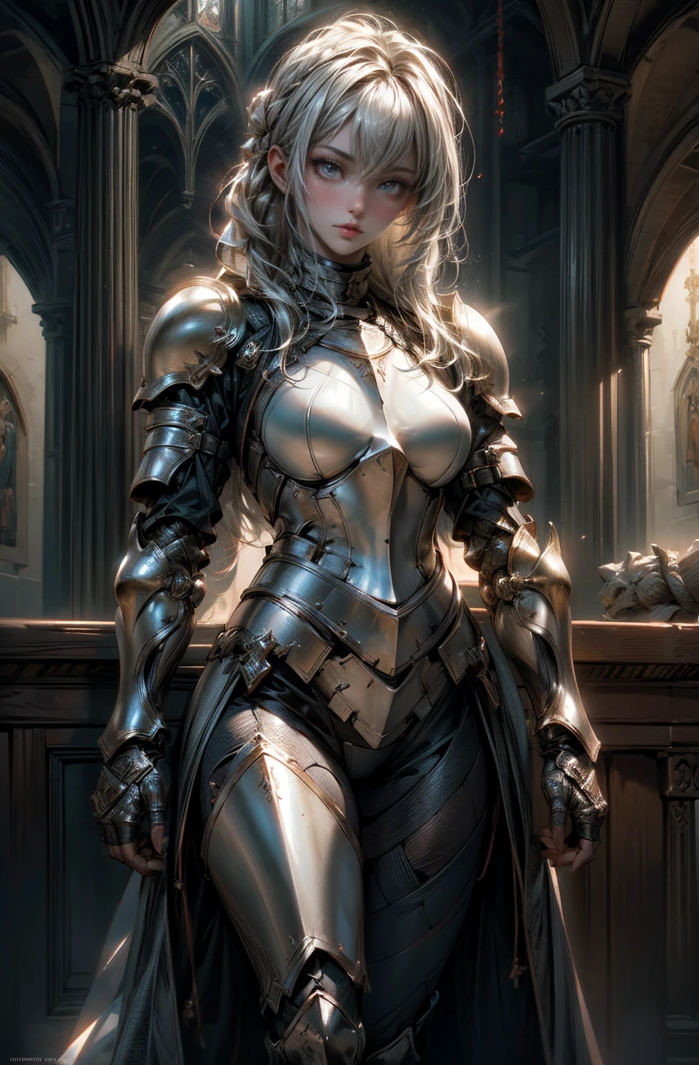 ((masterpiece, Highest quality, Best image quality, High resolution, Realistic, RAW Photos, 8k)), Medieval female knight in shining armor, (Glowing Armor:1.3),