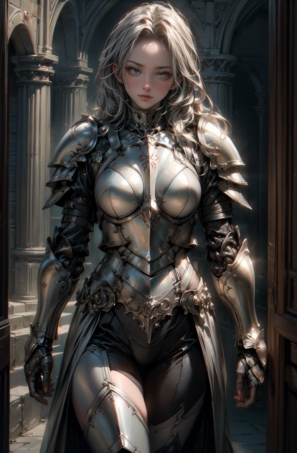 ((masterpiece, Highest quality, Best image quality, High resolution, Realistic, RAW Photos, 8k)), Medieval female knight in shining armor, (Glowing Armor:1.3),