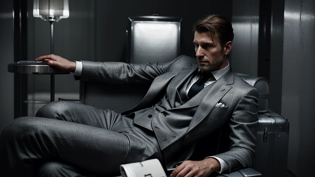 Detailed cinematic portrait of a man in a suit sitting on a chair, holding a silver suitcase on his lap, intricate details, high quality, photorealistic, dramatic lighting, perfect composition, elegant, sophisticated, masterpiece