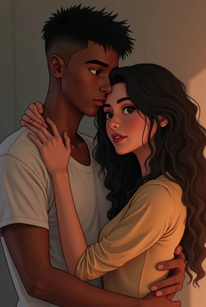 A taller boy with dark skin brown eyes with black shaved hair , hugging a tall brown eyed woman with long curly dark brown hair and lighter ends