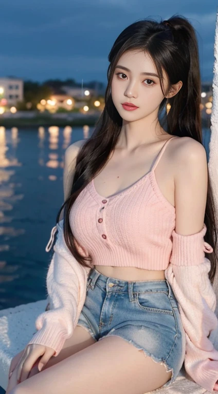 (8K, original photo, best quality, masterpiece), (Practical, photo-Practical:1.2), Very detailed, 1 名girl, cute, Solitary, Beautiful and detailed sky, Cafe details, night, sit, Dating, Dosage Blush, shut your mouth, Beautiful and delicate eyes, Wearing a hoodie, Dolphin shorts, Medium build, Flowing long hair, Blue long hair, girl, Feminization, Pink Eyes, Extremely fine details, Complex scenes, Ambient Light, Soft Light, elegant, Symmetrical facial features, precisely anatomy, 解剖學正確的girl, landscape, gossamer, Ethereal, whole body, Ponytail, Ease, Ease, Sensible, Large Breasts,