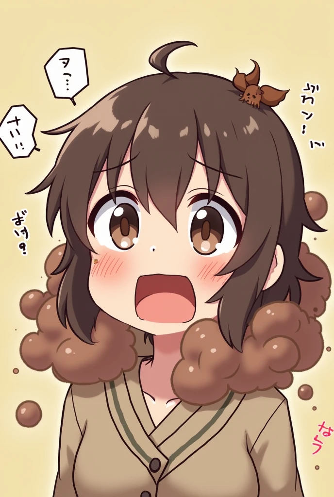Takagi,flushing,fart,Small pupils,embarrassed expression,brown gas,japanese girl ,brown hair,Split head