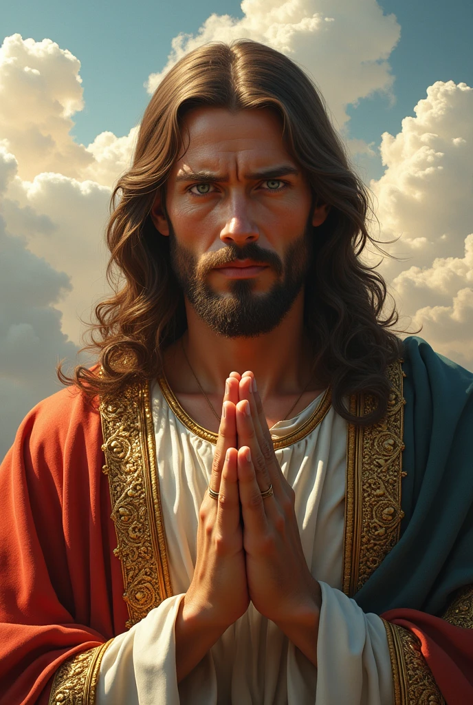 Perfect hand 5 finger, Portrait of a handsome Jesus Christ with tears in his eyes wearing pink clothes of king in the clouds, Jesus Christ, real blue eyes, sunny day, intricate details.real Jesus Christ, straight head face, Straight body. Flowing tears in his eyes, perfect full body, perfect hands finger,Prayer Jesus Christ, praying Jesus Christ backgrounds natural photographic
